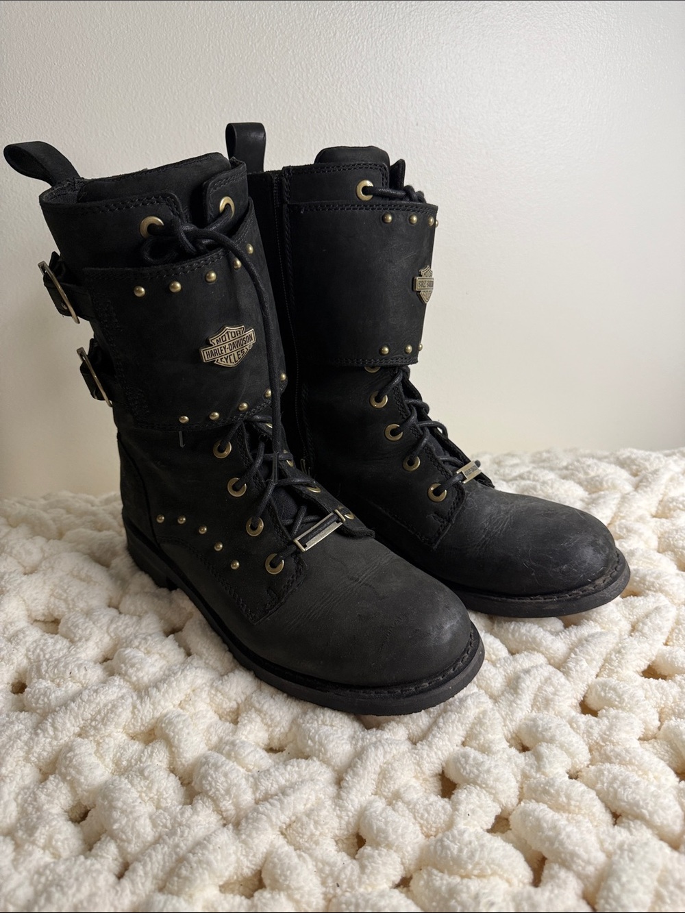 Harley-Davidson Black Studded Lace-Up Moto Combat Boots Size 9